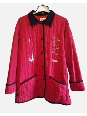 Quilted Red Jacket With Holiday Embroidery Black Trim Button Front Desert Heat X